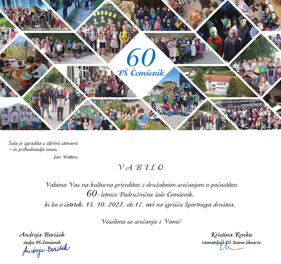 Vabilo v počastitev 60-letnice Podružnične šole Čemšenik