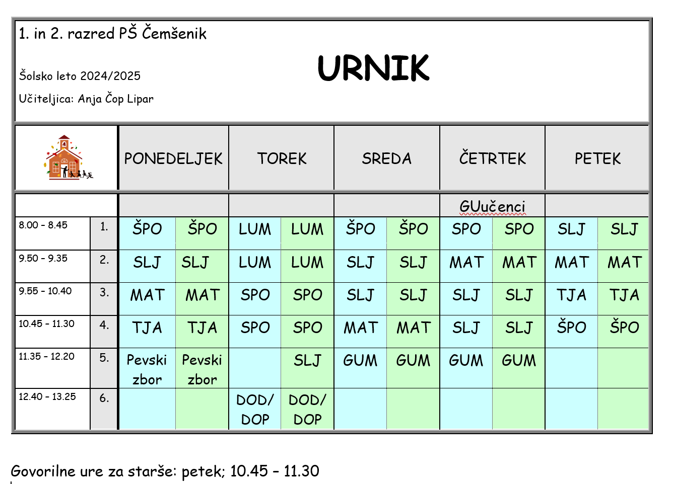 PŠ Čemšenik | Urnik 1. in 2. razred, šolsko leto 2023/2024