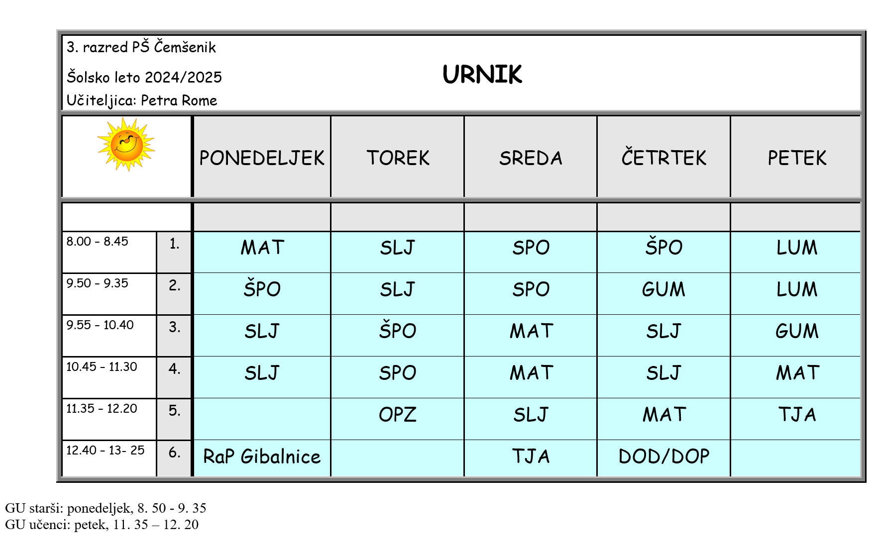 PŠ Čemšenik | Urnik 3. in 4. razred, šolsko leto 2023/2024